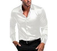 Chemise habillée pour homme adulte, chemise à manches longues en satin, chemise boutonnée brillante, coupe ajustée, sans repassage, chemise formelle infroissable pour fête de mariage, blanc, 3XL