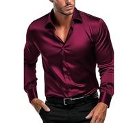 Chemise habillée pour homme adulte, chemise à manches longues en satin, chemise boutonnée brillante, coupe ajustée, sans repassage, chemise formelle infroissable pour fête de mariage, Rouge, L