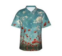 Chemise hawaïenne à imprimé coquelicots sur ciel bleu pour hommes, chemises d'été décontractées, essentiels de vacances à la plage tropicale, Noir , M