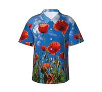 Chemise hawaïenne à imprimé coquelicots sur ciel bleu pour hommes, chemises d'été décontractées, essentiels de vacances à la plage tropicale, Noir , L