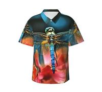 Chemise hawaïenne à manches courtes boutonnée avec motif libellule sur la fleur pour homme, haut tropical décontracté, chemise de vacances de plage, noir, Taille XL