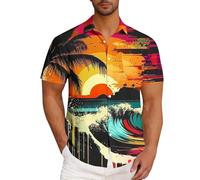 Chemise hawaïenne à manches courtes boutonnée pour homme - Haut d'été tropical - Imprimé coucher de soleil - T-shirt de plage avec poche, Chemise hawaïenne orange pour homme, L