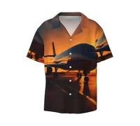 Chemise hawaïenne à manches courtes et col cubain imprimé avion au coucher du soleil pour homme été plage vacances, Noir , L