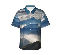 Chemise hawaïenne à manches courtes pour homme, paysage avec montagnes et nuages, chemise de plage tropicale décontractée d'été boutonnée, Noir/blanc, M