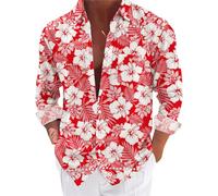 Chemise hawaïenne à manches longues pour homme - Chemise hawaïenne décontractée - Style tropical - Imprimé - Chemise d'été pour homme, rouge, 3XL