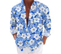 Chemise hawaïenne à manches longues pour homme - Chemise hawaïenne décontractée - Style tropical - Imprimé - Chemise d'été pour homme, bleu, L