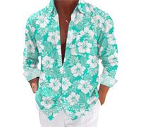 Chemise hawaïenne à manches longues pour homme - Chemise hawaïenne décontractée - Style tropical - Imprimé - Chemise d'été pour homme, bleu clair, L