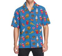 Chemise hawaïenne Aloha pour homme - Chemise de plage boutonnée - Chemise imprimée décontractée à manches courtes - Coupe ample, Mignon dessin animé Fast Food sur bleu, Taille XL