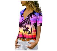 Chemise hawaïenne boutonnée à manches courtes pour femme - Motif palmier tropical hawaïen - Style décontracté - Caraïbes - Pour l'été, le bowling - Pour croisière, bowling - Tendance et amusante