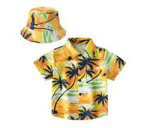 Chemise hawaïenne boutonnée à manches courtes pour garçons et filles, costume de touriste de plage, Aloha Luau, haut pour enfants, revers coloré, décontracté, graphique mignon, dessin animé, jaune, 11