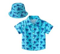 Chemise hawaïenne boutonnée à manches courtes pour garçons et filles, costume de touriste de plage, Aloha Luau, haut pour enfants, revers coloré, décontracté, graphique mignon, dessin animé, bleu ciel