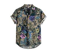 Chemise hawaïenne décontractée pour homme - Palmier hawaïen - Caraïbes - Chemise de croisière amusante à manches courtes - En lin - Tropical, été, floral, fête, croisière, golf, flamant rose, jaune,