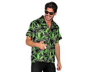 Chemise hawaïenne en satin pour homme avec imprimé cannabis - Chanvre The Ganja Style Beach-Party - Manches courtes - Pour enterrement de vie de jeune fille, noir/vert, L-XL