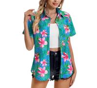 Chemise Hawaienne Femme, Funky Chemise Hawaïenne Col à Revers D'été T-Shirts à Manches Courtes Boutonné Chemisier Femme Fleurs Aloha Imprimé Décontractées Top ete Bord De La Mer Plage Vacances
