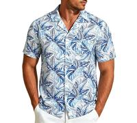 Chemise Hawaienne Homme Manches Courtes, Chemises Ete Imprimé Tropical - Col Rabattu Ouvert, Boutons Devant, Motif Feuilles, Palmiers et Fleurs, Coupe Droite - Plage, Vacances, Voyage, Loisirs, Été