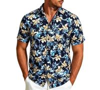 Chemise Hawaienne Homme Manches Courtes, Chemises Ete Imprimé Tropical - Col Rabattu Ouvert, Boutons Devant, Motif Feuilles, Palmiers et Fleurs, Coupe Droite - Plage, Vacances, Voyage, Loisirs, Été