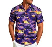 Chemise Hawaienne Homme Manches Courtes, Chemises Ete Imprimé Tropical - Col Rabattu Ouvert, Boutons Devant, Motif Feuilles, Palmiers et Fleurs, Coupe Droite - Plage, Vacances, Voyage, Loisirs, Été
