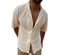 Chemise Hawaïenne Hommes Manches Courtes Chemise D’Été Chemises Plage Revers Chemise Décontractée Hommes Hauts Tricot Hommes T-Shirt Homme Couleur Pure A-Beige M