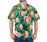 Chemise hawaïenne personnalisée avec photo du visage pour homme - Chemise hawaïenne à manches courtes avec imprimé funky sur toute la surface, Feuille verte et florale, S
