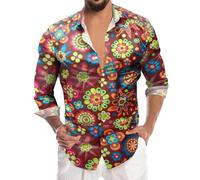 Chemise hawaïenne pour homme - Chemise de pêcheur colorée à motif fleuri - Chemise de plage style années 70 - Déguisement de carnaval hippie - Chemise à manches longues boutonnées rétro disco d'été à