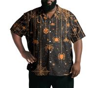 Chemise hawaïenne pour homme | Chemise de vacances surdimensionnée en toile d'araignée et citrouille, vêtements d'été boutonnés, Orange Fun Spider, XXL