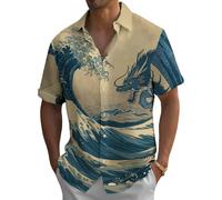 Chemise hawaïenne pour homme, chemise de vacances vintage dragon japonais, coupe ample, boutonnée, vêtements d'été, Blue Dragon Ukiyo-e, M