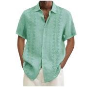 Chemise hawaïenne pour homme en coton et lin avec boutons à manches courtes pour l'été, la plage, coupe ample, Vert, XL