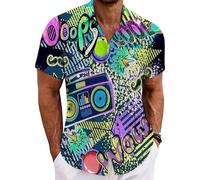Chemise hawaïenne pour homme - Style années 80 et 90 - Manches courtes - Multicolore - Rétro - Vintage - Tenue de carnaval - Fluo - Géométrique - Top Bad Taste - Costume - Coupe droite
