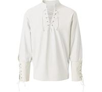 Chemise Henley pour homme, style rétro, punk, médiéval, en coton, col en V, pirate, colonial, renaissance, poète, chemisier lacets et poignets en dentelle, volants sur le devant, pour Cosplay, Blanc