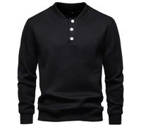 Chemise Henley thermique en tricot gaufré pour homme, quart de bouton, col en V, coupe ajustée, pull Henley à manches longues pour homme, Noir , L