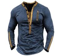 Chemise Henley vintage à manches longues pour homme - Pull à boutons - Sweat-shirt de sport classique à col en V - Sweatshirts décontractés - Mode streetwear, bleu, L