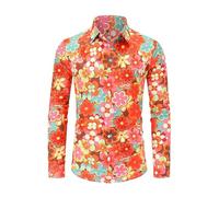 Chemise hippie à manches longues pour homme - Style années 60 et 80 - Motif floral - Chemise de loisirs - Mode carnaval - Disco - Coupe ajustée - Chemise hawaïenne boutonnée - Respirante, Rouge