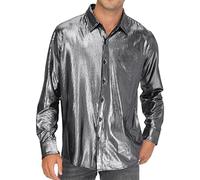 Chemise Hippie Homme, Chemise Homme Manches Longues Accessoires Disco Homme Tee Shirt Homme Paillettes Chemise Psychédélique Homme Tenu Sexy Homme Chemise AsyméTrique Homme Chemise Satin Rouge Homme