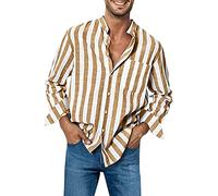Chemise Homme, Chemise en Lin À Manches Longues pour Homme - Coupe Décontractée - Rayures Verticales - avec Poche Avant - Col Mao - Chemises Chic D'Été Léger Haut - M-3Xl, Jaune, XL