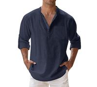 Chemise Homme, Chemises en Lin Solid Homme Élégant Slim Fit Casual Col en V Manche Longue Leger en Coton Lin Été Grande Taille Tops De Plage Chic Col Mao Décontractée Classique Henley Shirt