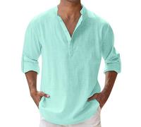 Chemise Homme, Chemises en Lin Solid Homme Élégant Slim Fit Casual Col en V Manche Longue Leger en Coton Lin Été Grande Taille Tops De Plage Chic Col Mao Décontractée Classique Henley Shirt