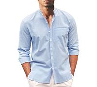 Chemise Homme Col Mao - Chemise Large Homme Couleur Unie Haut Coton Lin Été Cardigan Décontracté Haut Slim Fit Bouton Top Coupe Ample Chic Et Confortable Top Minimaliste