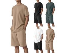 Chemise Homme Col Round Manches Courtes Ensemble 2 Pièces Été,T-Shirts Ensemble Short pour Le Sport Et Les Loisirs,T Shirt pour Homme Couleur Solide,Tee Shirts Décontractée Sport