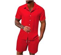Chemise Homme Col V Boutonnée Ensemble 2 Pièces Été,T-Shirts Ensemble Short pour Le Sport et Les Loisirs,T Shirt pour Homme Couleur Solide,Tee Shirt à Manches Courtes Sport