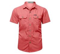 Chemise Homme Coton Manche Courte À Col Montant Chemise De Travail Homme Multi-Poches Boutons Couleur Pure Chemisette Fonction Respirante Casual Tendance Slim Fit Leger Confortable Shirt