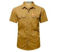 Chemise Homme Coton Manche Courte À Col Montant Chemise De Travail Homme Multi-Poches Boutons Couleur Pure Chemisette Fonction Respirante Casual Tendance Slim Fit Leger Confortable Shirt