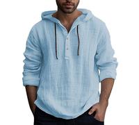 Chemise Homme Coton, Tee Shirt Manche Longue Homme à Capuche,Top Ete Homme Grande Taille Élégant Solid Leger Été Blouse Cordon de Serrage Décontractée Haut Slim Col en V de Plage Classique Tunique