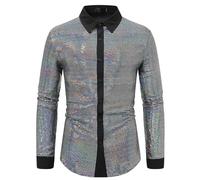 Chemise Homme Disco - Chemises Décontractées À Manches Longues pour Hommes Printemps Et Automne Nouvelles Chemises Brillantes (Silver S)