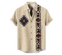 Chemise Homme Disco Grande Taille Hawaïenne Summer Top Chemisette Manche Courte Henley Hawaienne Col Mao Mens Tops Manches Courtes a Fleur Lin Ete Hippie Carreaux Annee 80 Vetement,4-Kaki,L
