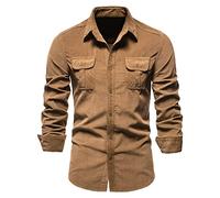 Chemise Homme en Jean Velours côtelé Coupe régulière Automne Hiver entraînement Aptitude Haut Bouton vers Le Bas Thermique Entreprise Bureau Travail Blouse