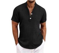 Chemise Homme en Lin Été Chemises à Manches Courtes Leger Respirant Décontractées Chemisier Coton Lin Col en V Couleur Unie Bouton T-Shirts de Plage Grande Taille Tops LâChe pour Casual Quotidien