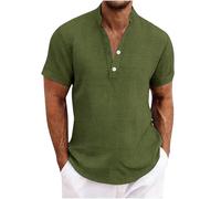 Chemise Homme en Lin Été Chemises à Manches Courtes Leger Respirant Décontractées Chemisier Coton Lin Col en V Couleur Unie Bouton T-Shirts de Plage Grande Taille Tops LâChe pour Casual Quotidien