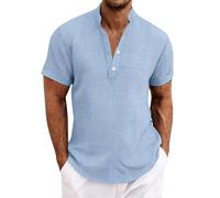 Chemise Homme en Lin Été Chemises à Manches Courtes Leger Respirant Décontractées Chemisier Coton Lin Col en V Couleur Unie Bouton T-Shirts de Plage Grande Taille Tops LâChe pour Casual Quotidien
