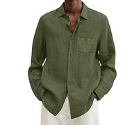 Chemise Homme en Lin Manches Longues d'Été Lin Coton Henley Shirts Décontracté Chemises Hawaii Blanc Élégant Léger pour Plage Vacances Travail Chemise avec Boutons Poche Regular Fit, AG., XL