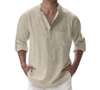 Chemise Homme Ete de Travail Carreaux Manches Longues en Coton et Lin Boutonnée Classique col Montant Cargo Uni Holiday Chemises Hawaïennes